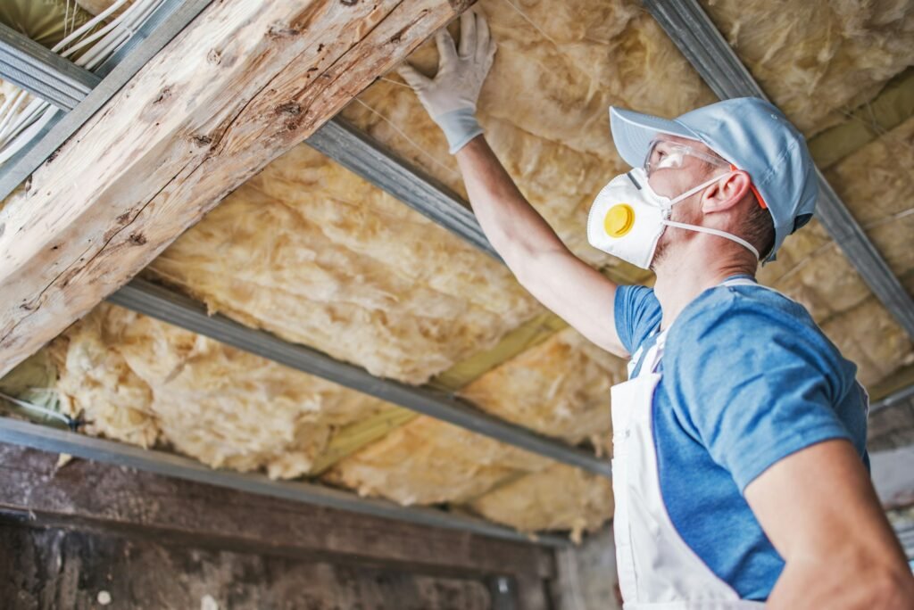 Image d'un homme de chantier avec un masque entrain de poser de l'isolation de toiture